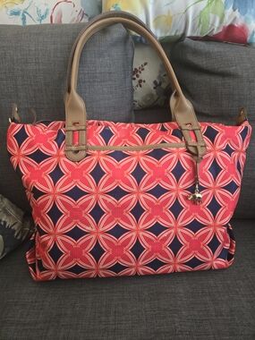 Stella & Dot Red Geometric Tote Bag with Brown Handles And Elephant Charm